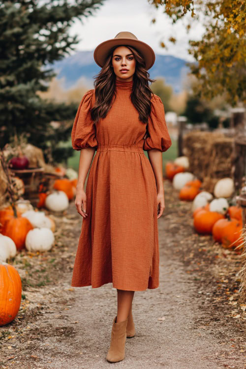 Stylish woman in a burnt orange A-line midi dress with puff sleeves, tan ankle boots, and a felt hat, standing on a path lined with pumpkins and rustic fall wedding decor