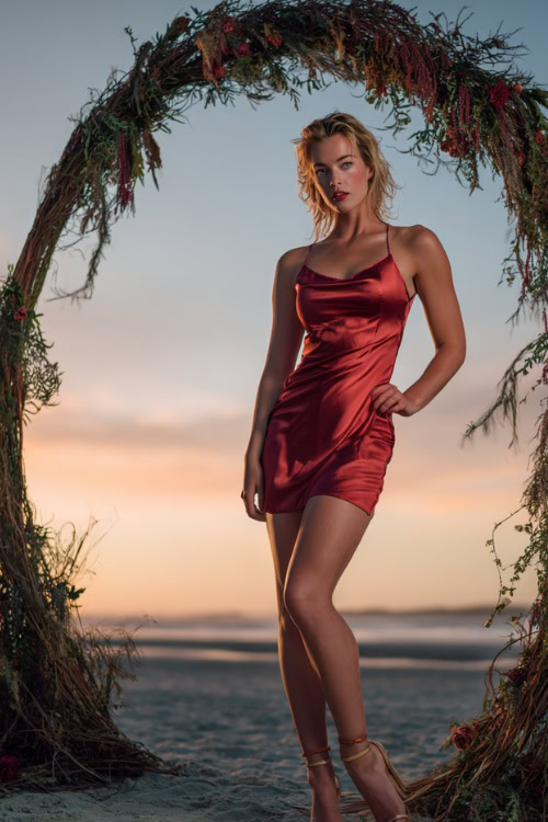 Stylish woman in a short red satin cowl neck dress with thin straps and strappy heels, posing beside a decorated wedding arch on a beach at sunset