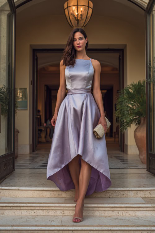 Stylish woman in a sleeveless high-low wedding guest dress with a satin finish, soft lavender color, carrying a clutch bag, standing at an elegant hotel entrance 