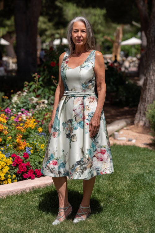 Stylish woman over 50 in a sleeveless A-line wedding guest dress with soft floral prints, knee-length hem, and silver strappy sandals 