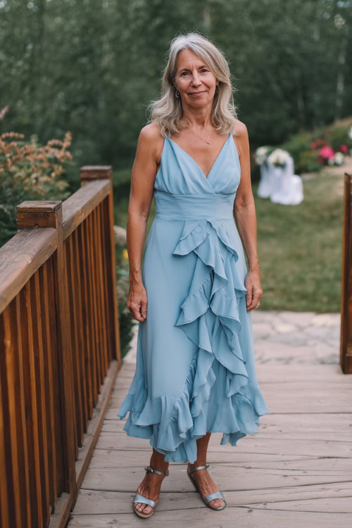 Stylish woman over 50 wearing a flowy A-line wedding guest dress with soft ruffles, sleeveless, sky blue color, layered skirt, wearing metallic sandals 