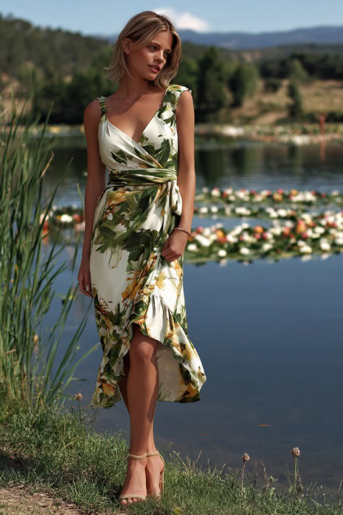 Stylish woman wearing a white and green floral wrap midi dress with ruffle hem, ankle-strap sandals, standing beside a lake with wedding decor and floating flowers