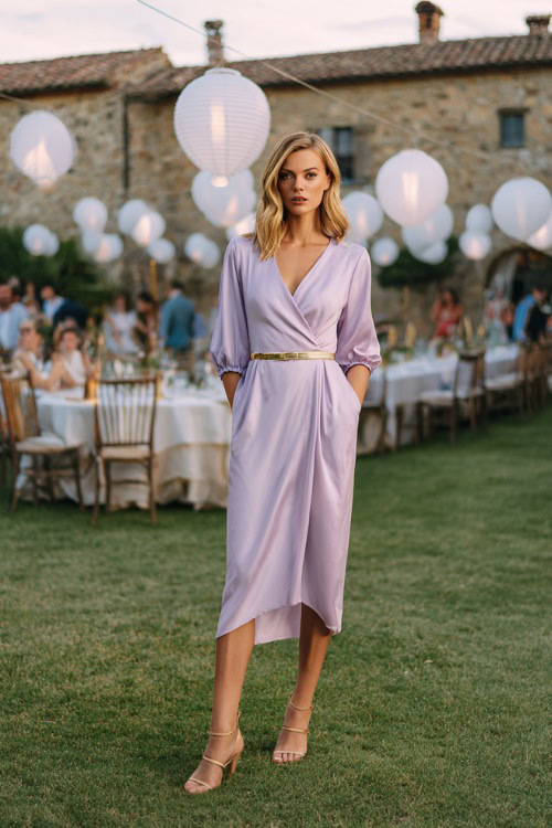 Woman in a chic pastel lavender wrap dress with elbow-length sleeves, gold belt, and strappy heels, standing near a villa wedding reception under hanging lanterns