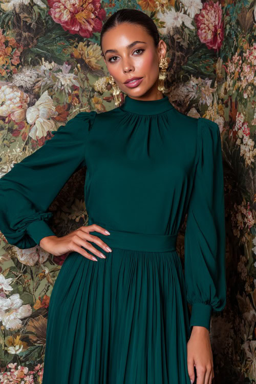 Woman in a high-neck emerald green midi dress with long balloon sleeves, pleated skirt, and gold drop earrings, posing in front of an ornate floral backdrop at an elegant ballroom wedding