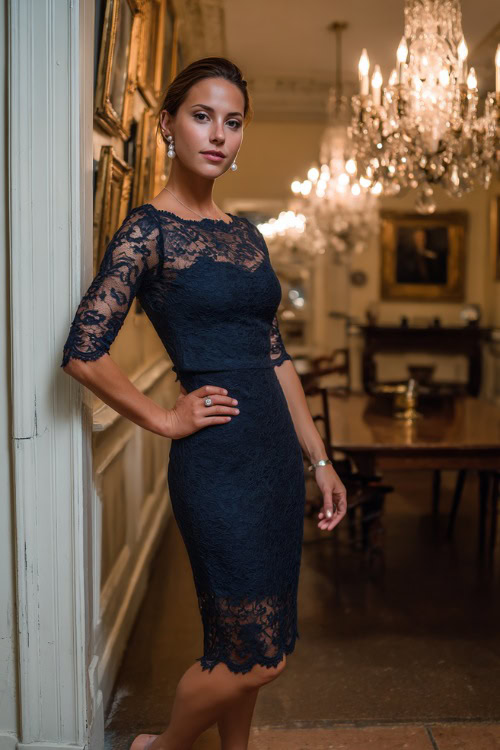 Woman in a navy lace midi dress with three-quarter sleeves, scalloped hem, and pearl earrings, paired with closed-toe heels, posing at a formal indoor wedding with elegant chandeliers
