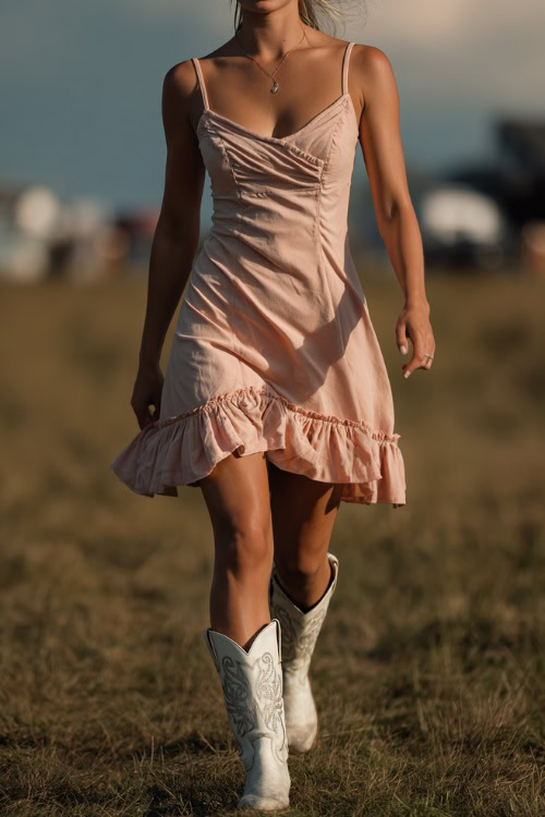 Woman in a pastel pink sleeveless midi dress with ruffle hem and embroidered white cowboy boots, walking across a grassy lawn at a summer country wedding 