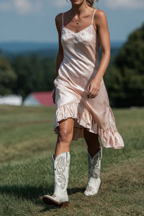 Woman in a pastel pink sleeveless midi dress with ruffle hem and embroidered white cowboy boots, walking across a grassy lawn at a summer country wedding 