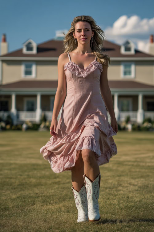 Woman in a pastel pink sleeveless midi dress with ruffle hem and embroidered white cowboy boots, walking across a grassy lawn at a summer country wedding