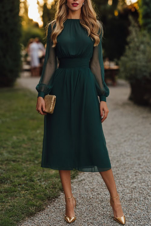 Woman in a refined dark green midi dress with long sheer sleeves, cinched waist, and subtle pleating, paired with gold heels and a clutch bag 