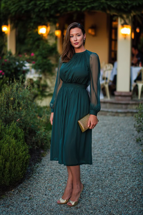 Woman in a refined dark green midi dress with long sheer sleeves, cinched waist, and subtle pleating, paired with gold heels and a clutch bag
