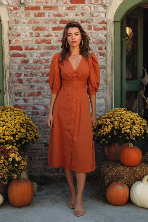 Woman in a rust orange button-down midi dress with three-quarter puff sleeves, wearing heeled mules and hoop earrings, posing at a fall wedding setup with pumpkins and autumn flowers