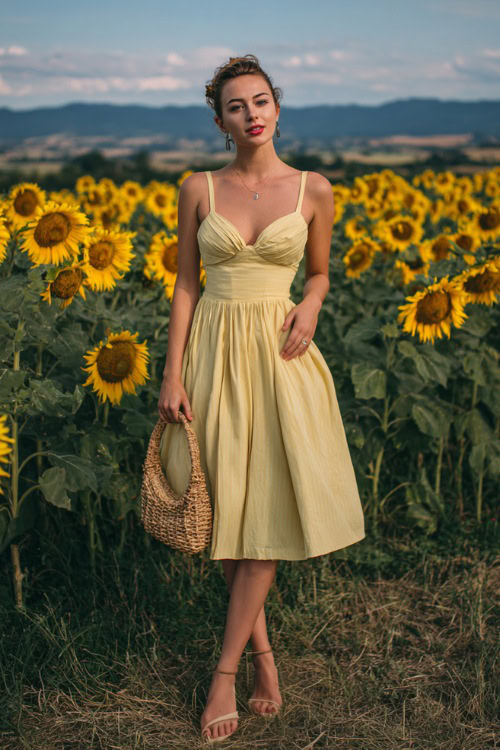 Woman in a sleeveless A-line wedding guest dress with a pleated skirt, pastel yellow color, straw clutch, and wedge heels, standing in a field of sunflowers at a summer countryside wedding