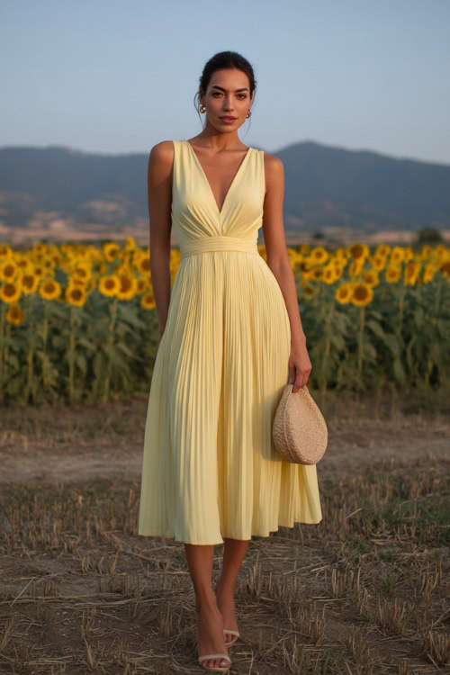 Woman in a sleeveless A-line wedding guest dress with a pleated skirt, pastel yellow color, straw clutch, and wedge heels