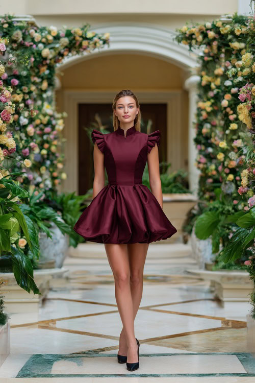 Woman in a structured short maroon dress with cap sleeves and peplum waist, black heels, standing in a luxurious hotel wedding venue with floral arches