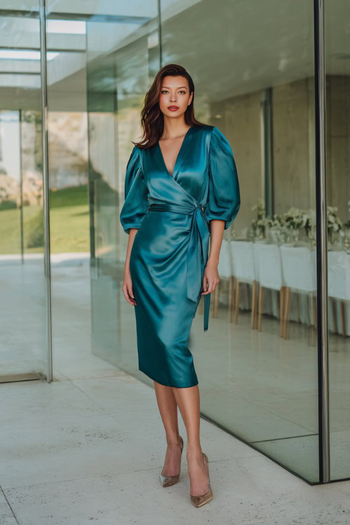 Woman in a teal satin midi dress with bishop sleeves, a tied waist, and sleek heels, standing inside a modern glass wedding venue with minimal decor and soft light