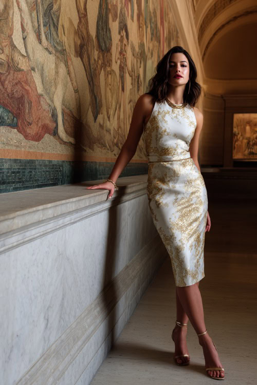 Woman in a timeless sleeveless white and gold brocade wedding guest dress with a classic silhouette, gold accessories, and heeled sandals