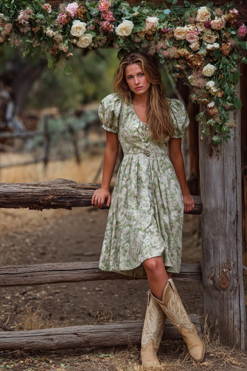 Woman in a white and green floral A-line dress with short puff sleeves and light tan cowboy boots, posing near a rustic fence lined with wedding florals 
