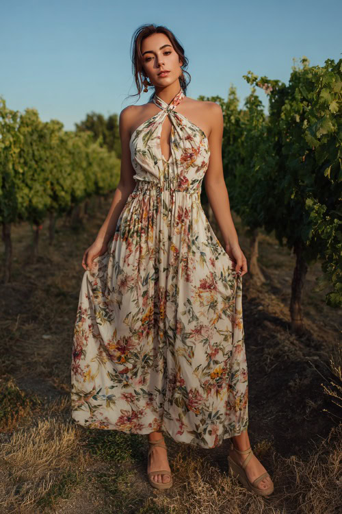 Woman wearing a chic halter-neck wedding guest dress with floral patterns, flowy skirt, and wedge sandals, standing near a vineyard with summer sunlight and green vines