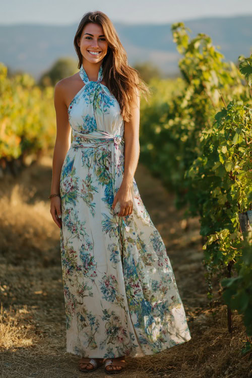 Woman wearing a chic halter-neck wedding guest dress with floral patterns, flowy skirt, and wedge sandals