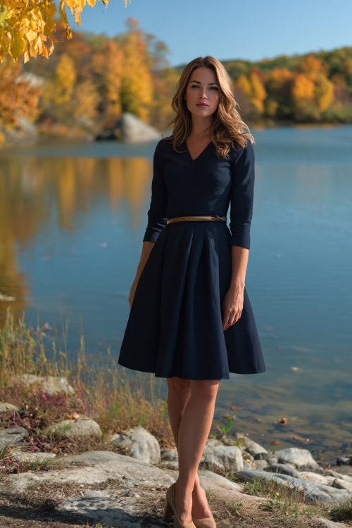 Woman wearing a dark navy fit-and-flare wedding guest dress with three-quarter sleeves and a belt, paired with heeled loafers, standing beside a lake surrounded by fall trees 