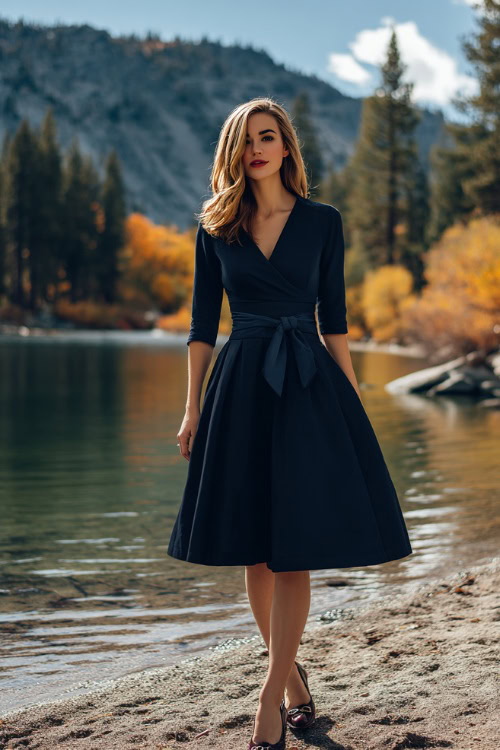 Woman wearing a dark navy fit-and-flare wedding guest dress with three-quarter sleeves and a belt, paired with heeled loafers, standing beside a lake surrounded by fall trees 