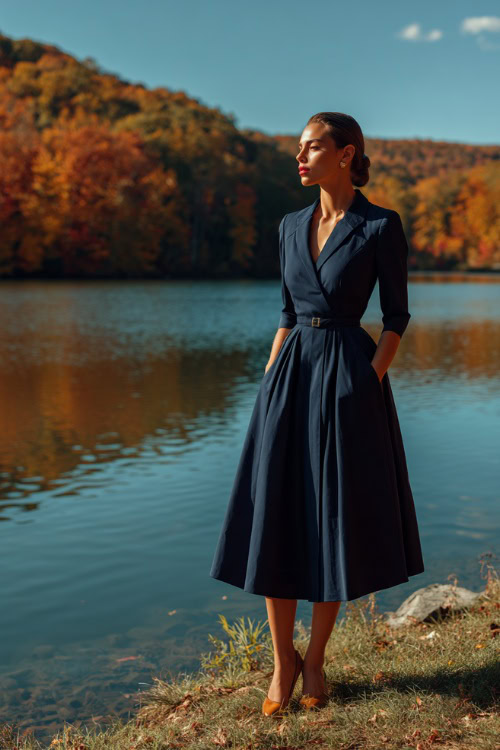 Woman wearing a dark navy fit-and-flare wedding guest dress with three-quarter sleeves and a belt, paired with heeled loafers, standing beside a lake surrounded by fall trees 