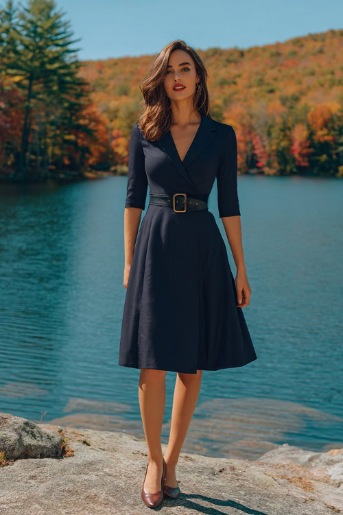 Woman wearing a dark navy fit-and-flare wedding guest dress with three-quarter sleeves and a belt, paired with heeled loafers, standing beside a lake surrounded by fall trees