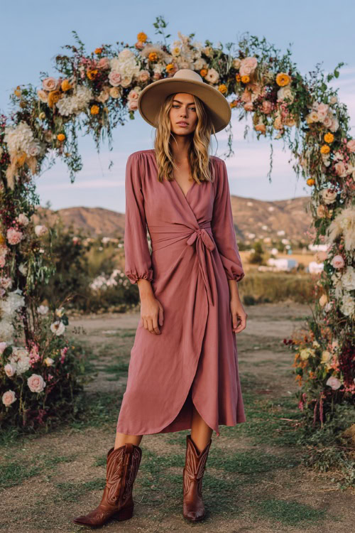 Woman wearing a dusty rose wrap midi wedding guest dress with a tie waist, styled with classic brown leather cowboy boots and a wide-brim hat 