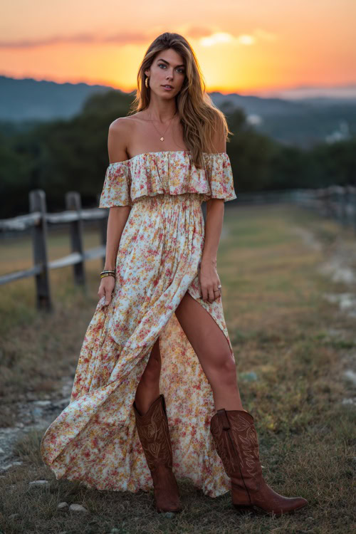 Woman wearing a flowy off-the-shoulder floral print maxi dress with slit and brown embroidered cowboy boots, posing near a sunset-lit ranch wedding ceremony 