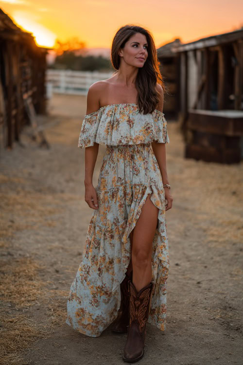 Woman wearing a flowy off-the-shoulder floral print maxi dress with slit and brown embroidered cowboy boots, posing near a sunset-lit ranch wedding ceremony 