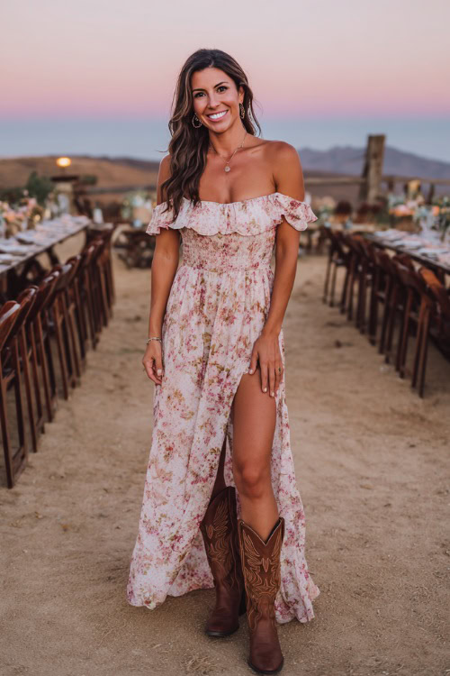 Woman wearing a flowy off-the-shoulder floral print maxi dress with slit and brown embroidered cowboy boots, posing near a sunset-lit ranch wedding ceremony