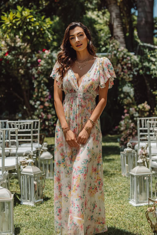 Woman wearing a long floral chiffon maxi dress with short flutter sleeves, platform sandals, and subtle jewelry, posing in a lush garden wedding setup with white chairs and lanterns