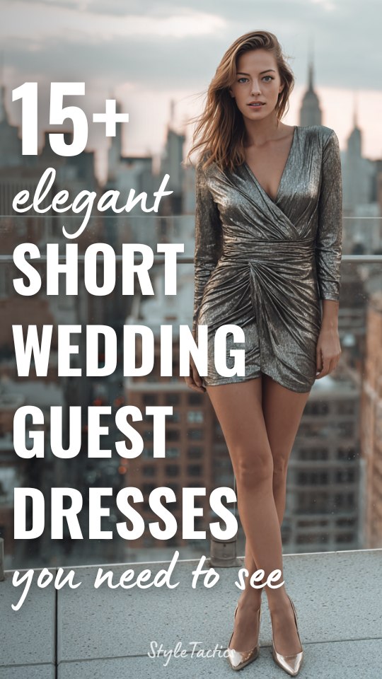 Woman wearing a metallic silver short wedding guest dress with long sleeves and heels
