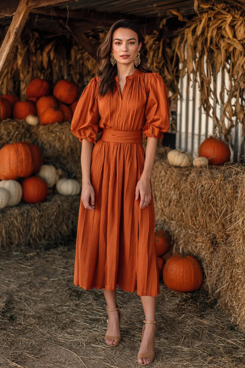 Woman wearing a rust orange midi wedding guest dress with lantern sleeves and pleated skirt, gold earrings, and leather heels, standing near a decorated haystack and pumpkins 