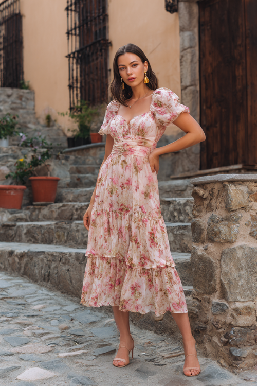Woman wearing a short-sleeve midi-length floral print wedding guest dress with a tiered hem, ankle-strap heels, and gold earrings, posing on a cobblestone street decorated for a summer wedding