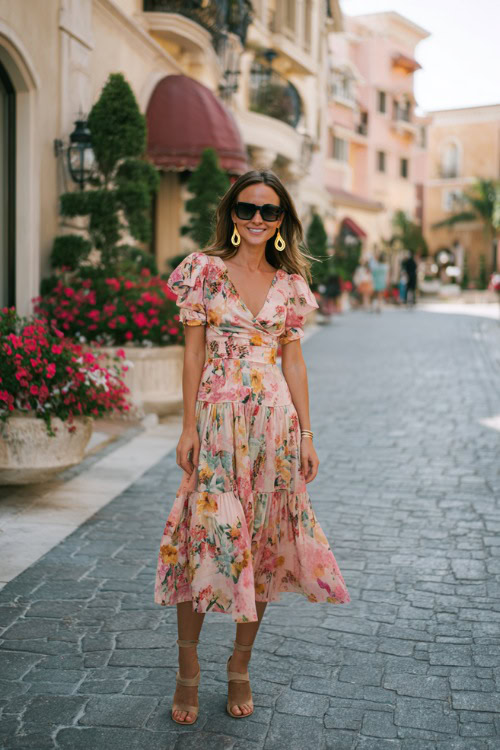 Woman wearing a short-sleeve midi-length floral print wedding guest dress with a tiered hem, ankle-strap heels, and gold earrings