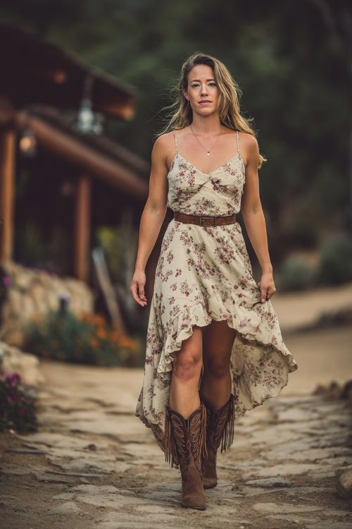 Woman wearing a sleeveless high-low floral wedding guest dress with brown fringe cowboy boots, standing on a stone path at an outdoor ranch wedding