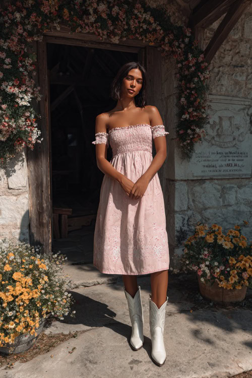 Woman wearing an off-the-shoulder midi wedding guest dress in soft blush pink with embroidered details, paired with white pointed-toe cowboy boots 