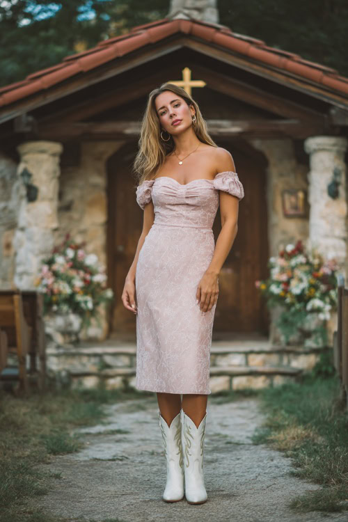 Woman wearing an off-the-shoulder midi wedding guest dress in soft blush pink with embroidered details, paired with white pointed-toe cowboy boots