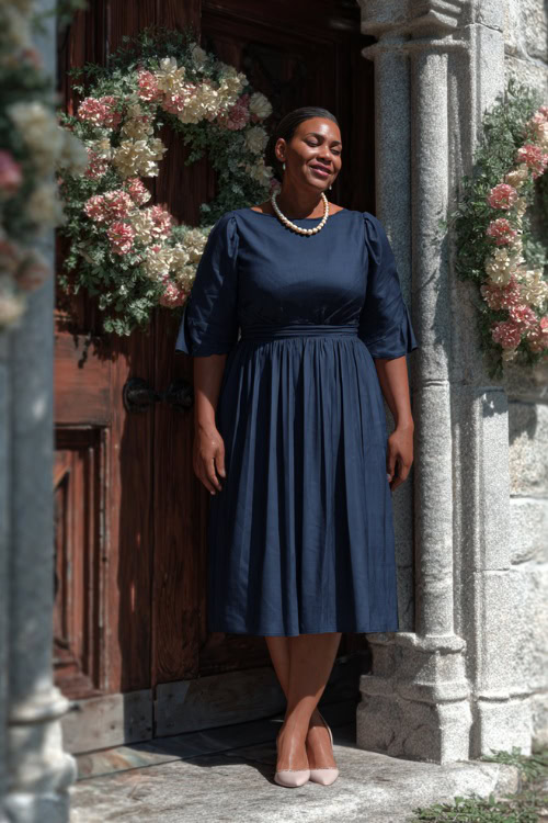 Woman with a curvy figure wearing a modest navy blue dress with elbow sleeves and a pleated skirt, pearl necklace and ballet flats, standing near a church wedding venue with floral wreaths