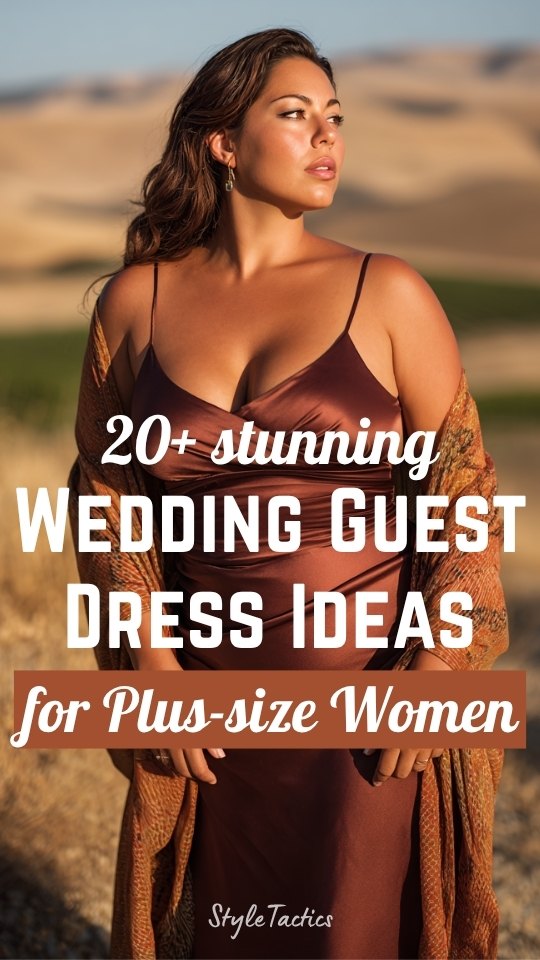 a plus-size woman wears a brown wedding guest dress with pattern shawl
