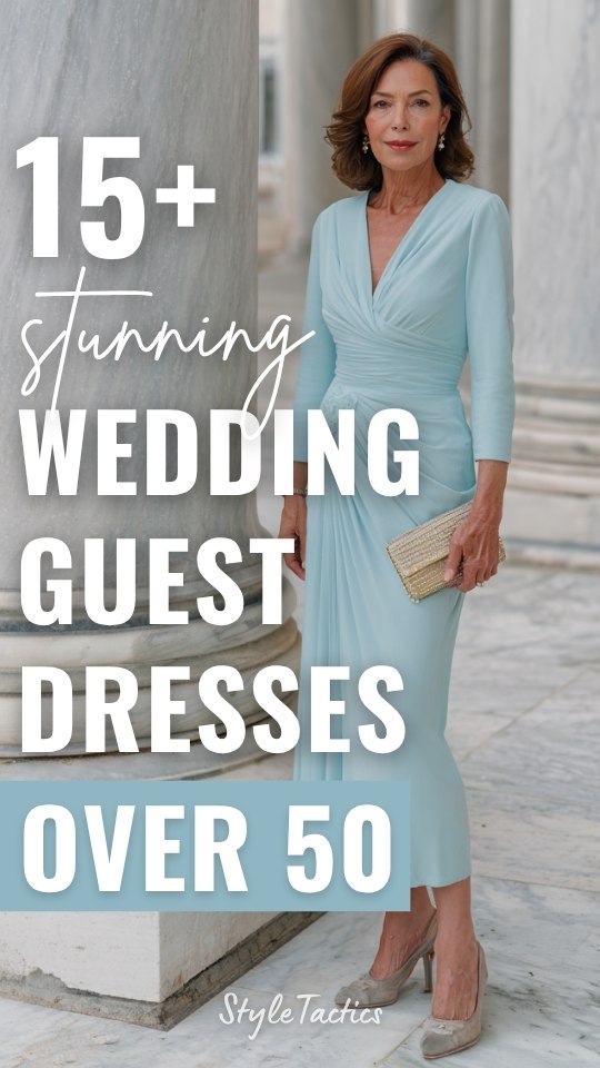 a woman over 50 wears a blue wedding guest dress with sparkling heels and clutch