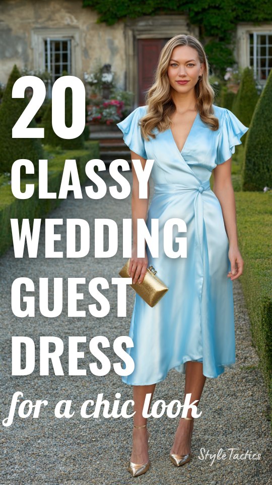 a woman wears a classy blue wedding guest dress