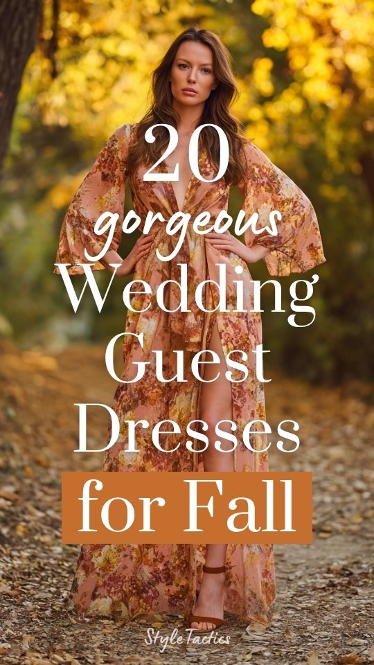 a woman wears a floral rust wedding guest dress for fall