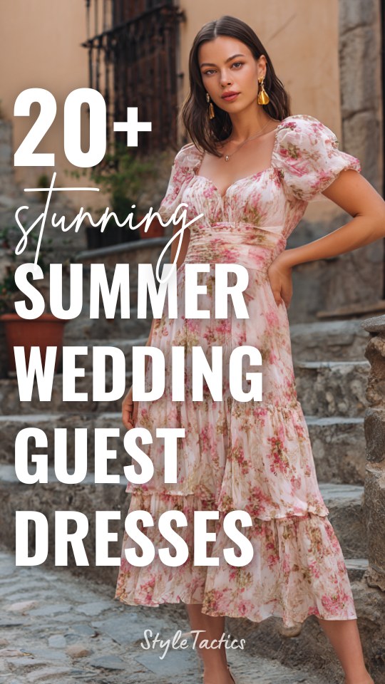 a woman wears a floral summer wedding guest dress