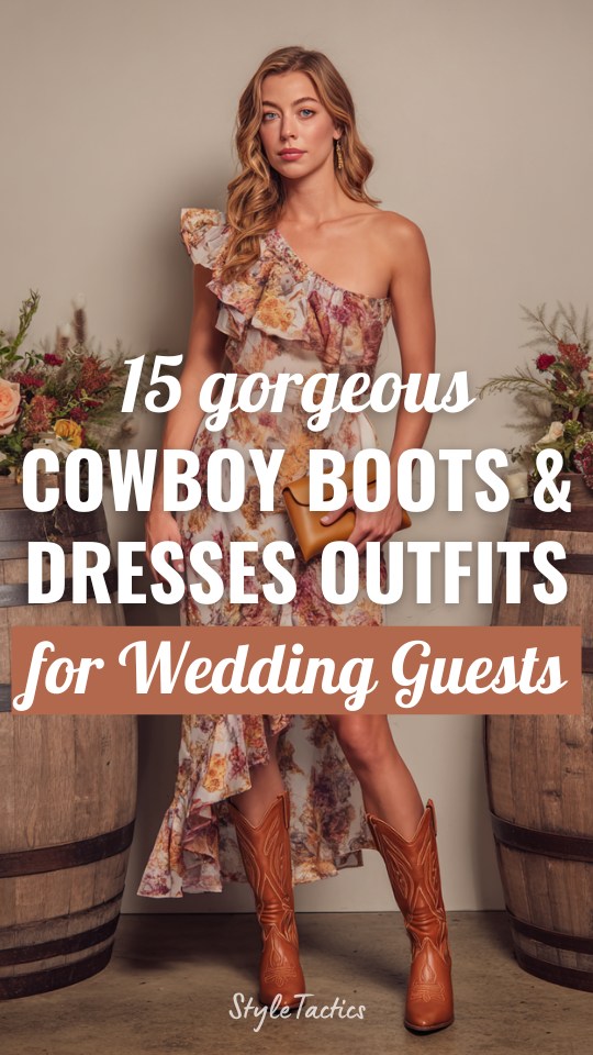 a woman wears a one shoulder floral dress with brown cowboy boots