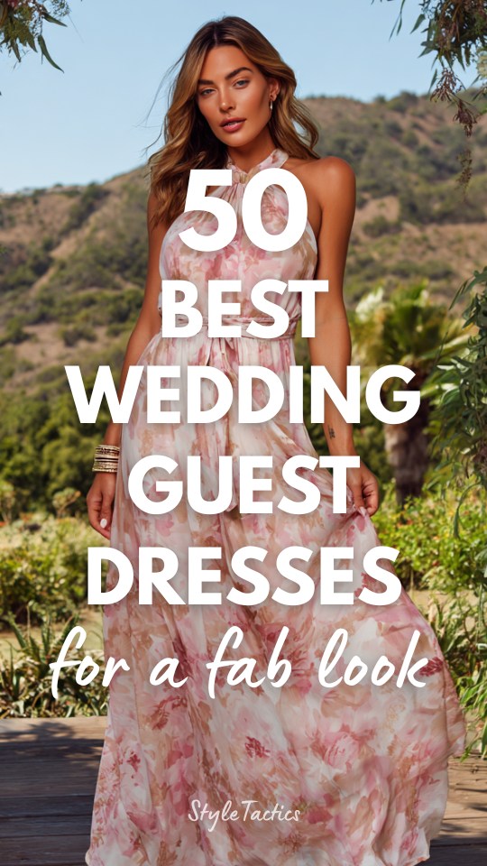 a woman wears a pink floral wedding guest dress