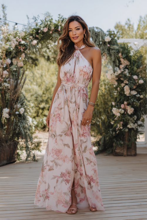 legant woman wearing a flowy high-neck maxi wedding guest dress with soft pink floral details, delicate bracelet, and open sandals, posing on a wooden deck with floral wedding arches and greenery